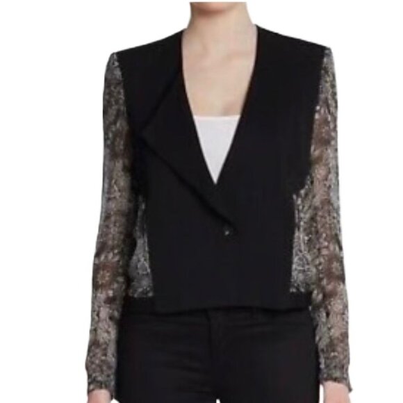 Helmut Lang Black Wool Silk Lightweight Blazer Sheer Floral Sleeves Size 4 - Picture 2 of 13
